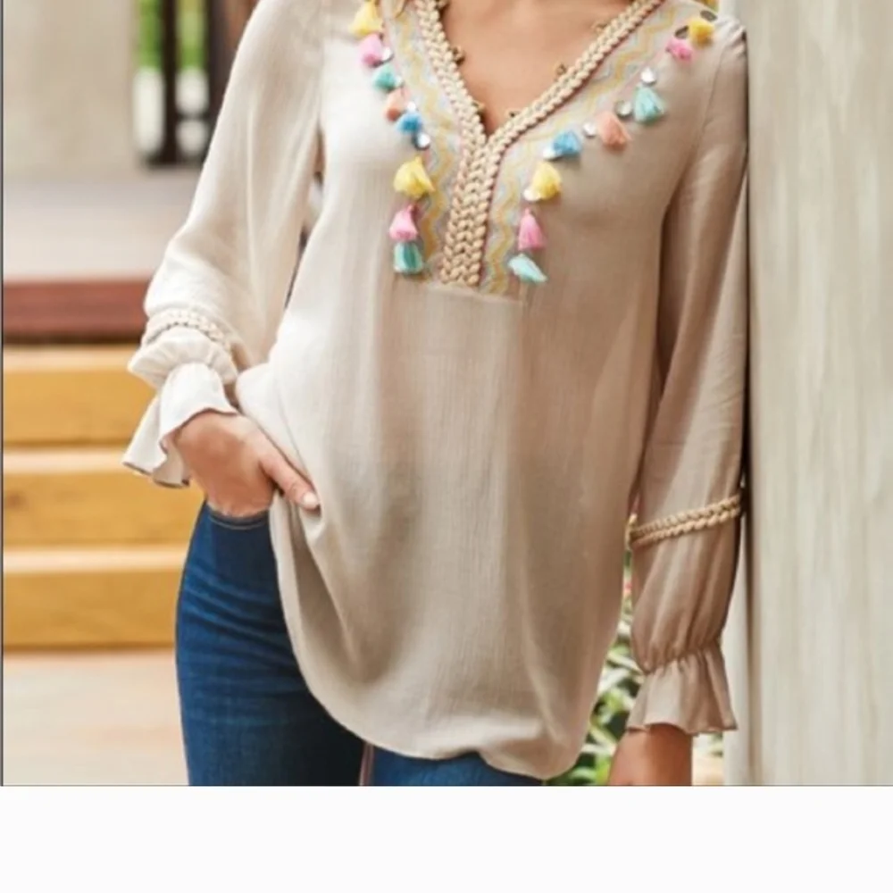 Soft Surroundings Beige Tassel V-Neck Beautiful and Unique Tunic Light Weight - Picture 1 of 8